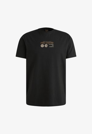 Czarna bawełniana koszulka z krótkim rękawem, z nadrukowanym logo i tekstem w kolorze złotym i białym z przodu, okrągły dekolt.