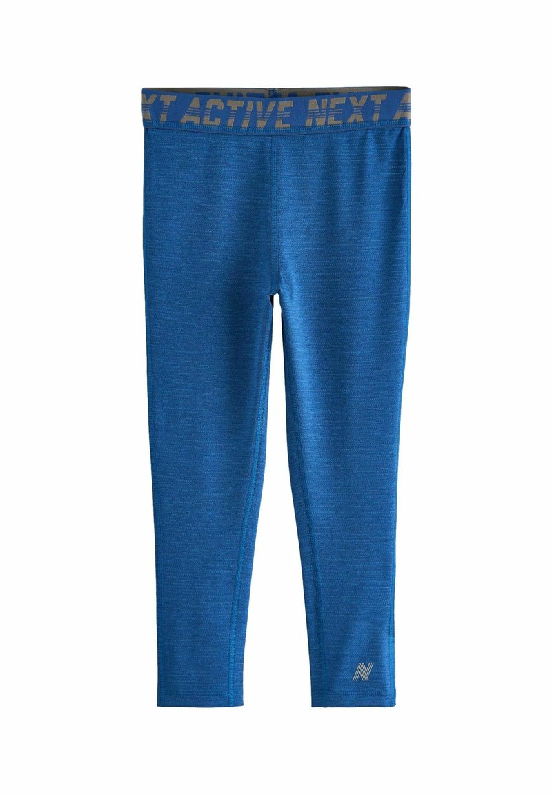 Blauwe actieve legging van rekbare stof, met een elastische tailleband met de tekst "NEXT ACTIVE" en een klein logo-detail aan de onderrand.
