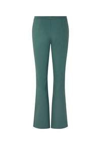 Pantalon évasé en tissu vert foncé, présentant une texture lisse, deux coutures arrière, et une taille ajustée, conçu pour une silhouette épurée.