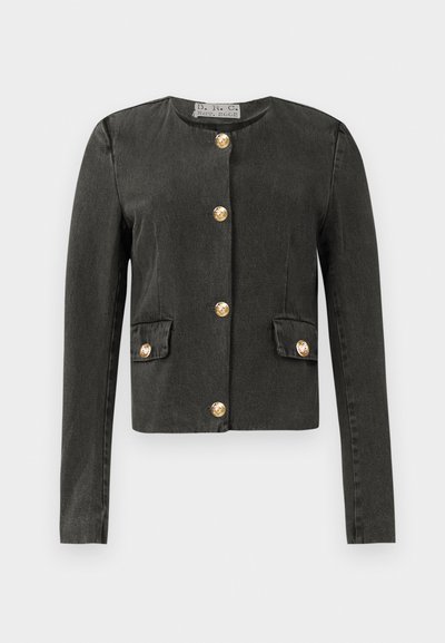 Dark gray long-sleeve jacket with gold decorative buttons down the front and on faux flap pockets, round neckline, and fitted cut.