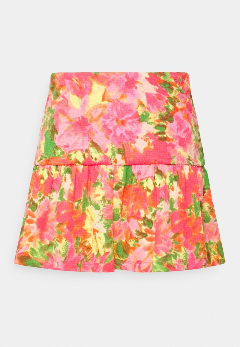 Bloemmotief geplooide rok met felle roze, oranje en groene kleuren. Gemaakt van lichtgewicht stof, met een gerimpelde tailleband.