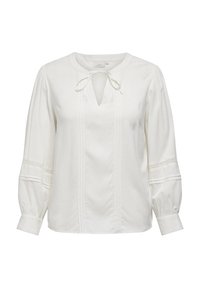 White blouse with a keyhole neckline, tie detail, and textured dots. Features long, puffed sleeves with lace accents and vertical pleats.
