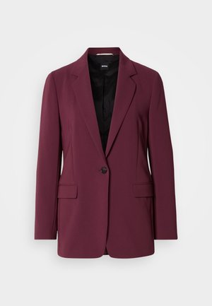 Burgundy blazer made of smooth fabric, featuring a single button closure, notched lapels, and two front pockets. Lined interior visible.
