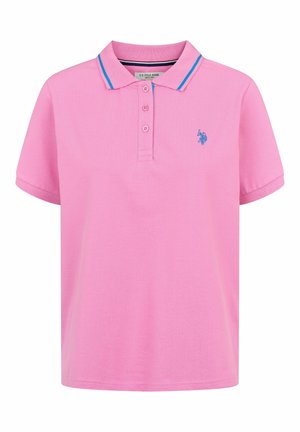 Rosa Polo-Shirt aus Baumwollmischung, mit einem Kragen, drei Knöpfen und kontrastierendem blauen Besatz entlang des Kragens und der Ärmel. Gesticktes Logo auf der Brust.