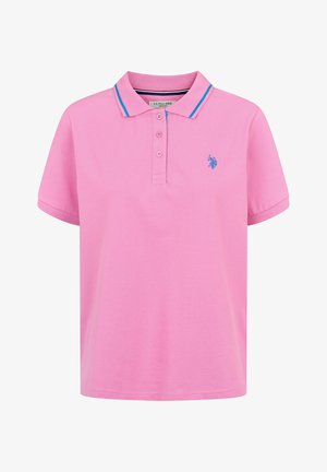 Roosa polo särk, mis on tehtud puuvillase seguga, krae, kolme nupuga ja kontrastset sinist äärist krae ja varrukate ääres. Rinna peal on brodeeritud logo.