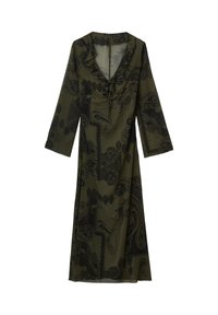 Robe vert olive avec des manches longues, col volanté, imprimé cachemire noir et coupe fluide, fabriquée à partir d'un tissu léger.