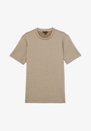 Beige cotton t-shirt, short sleeves, round neck, smooth texture, minimal seams, with a slightly loose fit and no visible graphics or patterns.