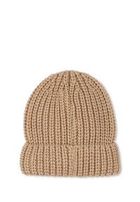 Bonnet en tricot de couleur beige clair, doté d'une texture côtelée et d'un revers. Réalisé en fil doux, idéal pour une utilisation par temps froid.