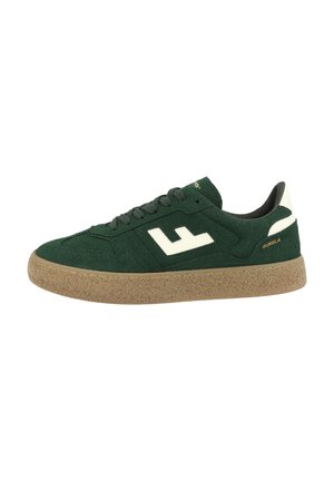 Green suede sneaker with a textured gum sole, featuring a white logo accent and matching laces, rounded toe, and padded collar.
