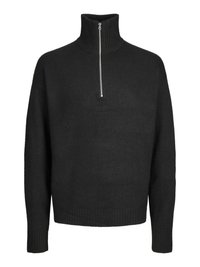 Pull en tricot noir avec un col haut et une fermeture à zip demi-longueur. Présente des poignets et un ourlet côtelés, avec un tissu doux et texturé.