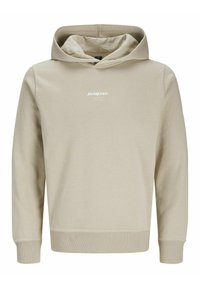 Beige hoodie made from soft fabric, featuring a front pocket, ribbed cuffs, and a small white logo on the chest. Classic casual design.