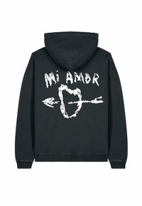 Un hoodie noir avec une impression texturée blanche au dos, affichant le texte "Mi Amor" et un cœur avec une flèche.