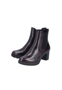 Bottines en simili cuir bordeaux avec panneaux élastiques sur les côtés, un talon carré et une semelle en caoutchouc texturé pour une bonne adhérence et stabilité.