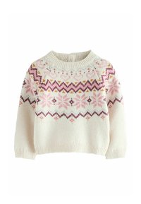 Lys beige strikket sweater med rund hals, der har et flerfarvet geometrisk mønster i pink, lilla og gul over brystet.
