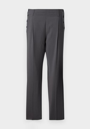 Gray tailored pants featuring a straight leg design, front pleats, and decorative side buttons for added detail. Smooth fabric texture.