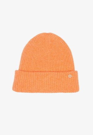 Gebreide beanie in feloranje met een geribbelde textuur en een omgeslagen rand. Kleine metallic accentdetail nabij de rand.