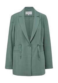 Lichtgroene blazer met een gestructureerde kraag, verstelbare koord in de taille en twee voorzakken. Gemaakt van een gladde, lichte stof.