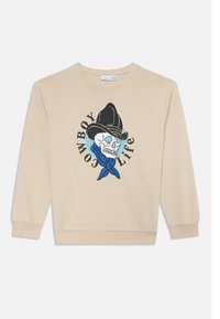 Sudadera beige con un gráfico de una calavera que lleva un sombrero vaquero negro y una bandana azul, rodeada por el texto "VIDA VAQUERA".