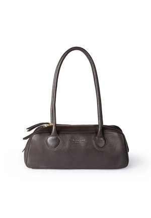 Dark brown leather handbag with long handles, rectangular shape, and gold zipper on top, against a white background.