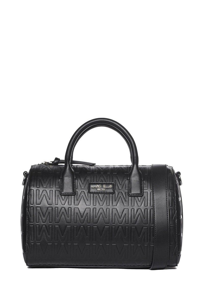 Borsa a tracolla in pelle nera con motivo geometrico in rilievo, doppie maniglie, una tracolla removibile e una placca con logo sul davanti.