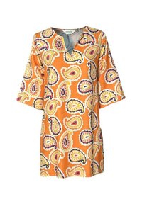 Satin tunika med en orange bundfarve og et paisley-mønster i gul, lilla og hvid. V-halsdesign med korte, brede ærmer.