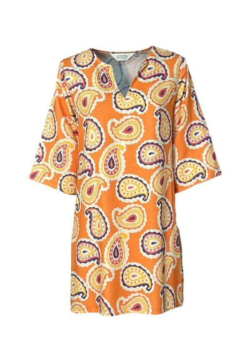 Satin tunika med en orange bundfarve og et paisley-mønster i gul, lilla og hvid. V-halsdesign med korte, brede ærmer.