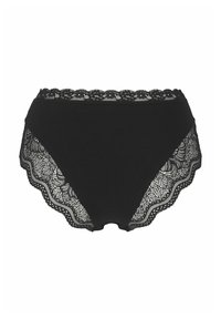 Svart trosa med blommig spetskant, som har scallopade kanter och kropp i bomull. Designen kontrasterar texturerad spets med slät tyg.