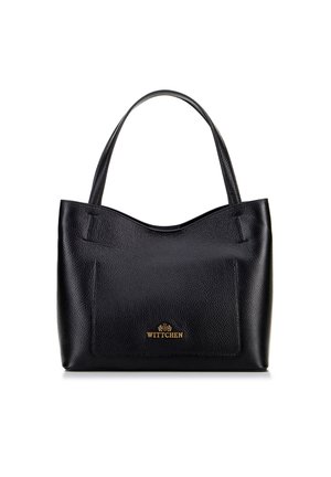 Black leather tote bag with a textured surface, curved top, two handles, and a front pocket. Features gold "WITTCHEN" branding.