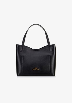 Zwarte leren tote bag met een gestructureerd oppervlak, een gebogen bovenkant, twee handvatten en een voorvak. Voorzien van het gouden "WITTCHEN" merk.