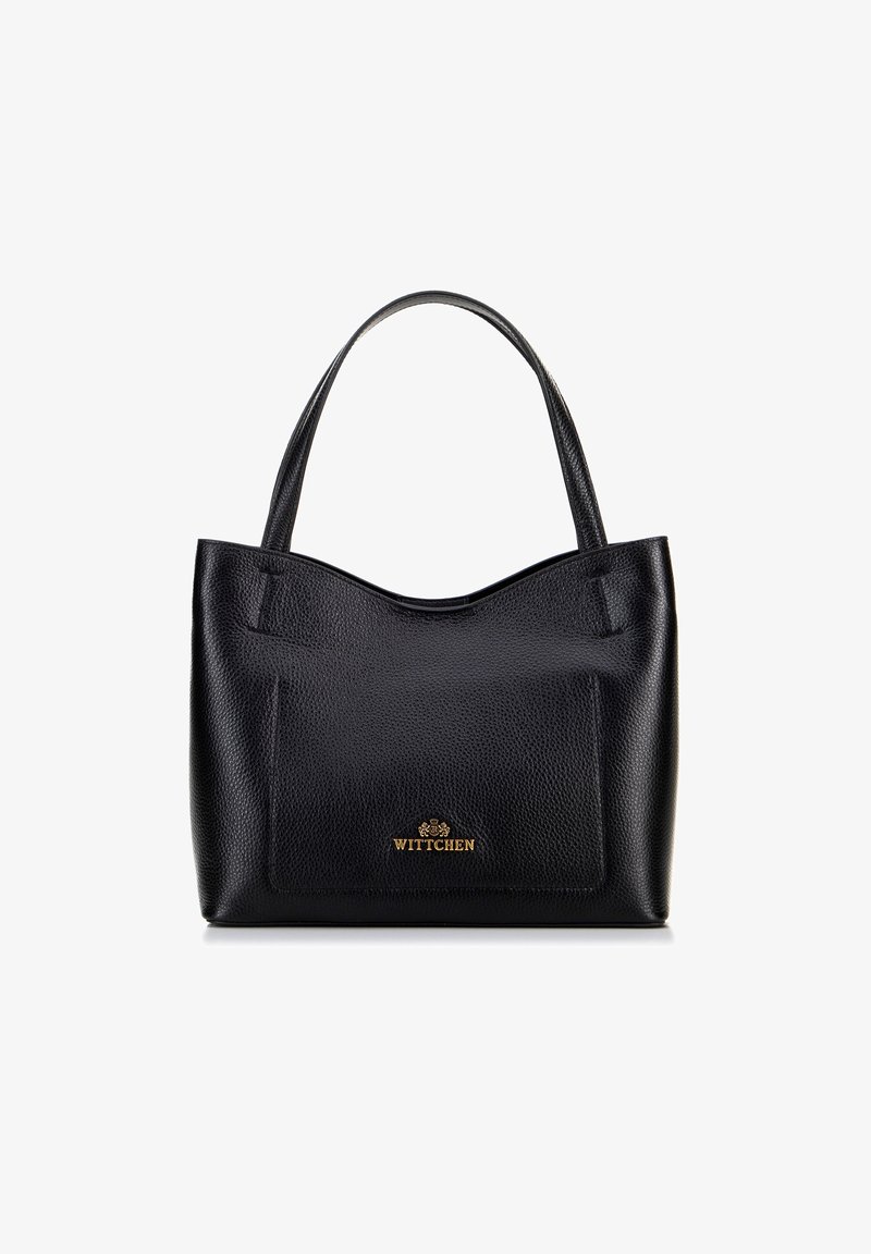 Black leather tote bag with a textured surface, curved top, two handles, and a front pocket. Features gold "WITTCHEN" branding.