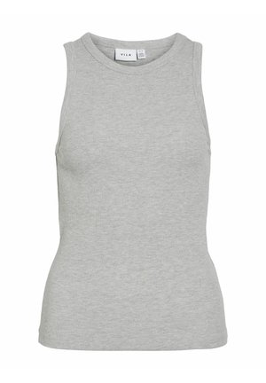 Top sin mangas de algodón en gris con textura acanalada, presenta un cuello redondo y un diseño ceñido. Textura suave y silueta ajustada.
