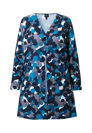 Bunt gemusterte Bluse mit blauen, marineblauen und grauen kreisförmigen Mustern, V-Ausschnitt, langen Ärmeln, Knopfverschluss vorne und weichem, glattem Stoff.
