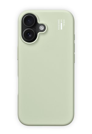 Coque de smartphone vert clair avec deux ouvertures pour l'appareil photo et le flash, marquée "Ideal of Sweden" au dos.