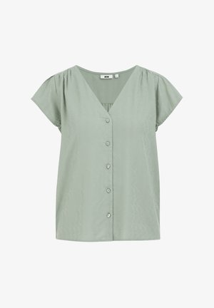 Šviesiai žalia palaidinė iš švelnios, tekstūruotos medžiagos. Su V formos iškirpte, trumpomis rankovėmis ir užsegimu mygtukais priekyje, puošta subtiliu lapų raštu.