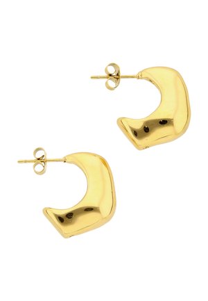 Cercei hoop din metal auriu lucios, masivi, cu formă neregulată, ușor rotunjită, pătrată, și închideri cu postură la spate.