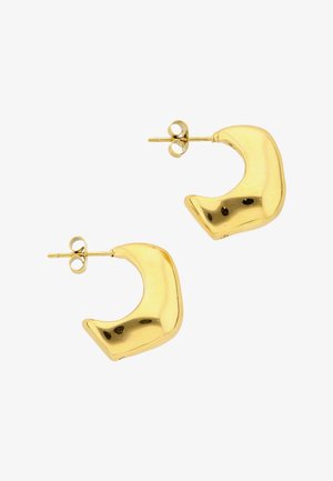 Vastag, polírozott aranyszínű fém karika fülbevalók szabálytalan, enyhén lekerekített négyzet alakban, hátsó rögzítéssel.