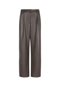 Bruine leren broek met een ontwerp met brede pijpen, voorzien van plooien, een gladde textuur en een tailleband met een knoopsluiting.