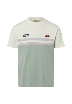 T-shirt manches courtes avec le haut blanc, le bas vert clair, deux bandes blanches horizontales et des logos ellesse sur la poitrine.