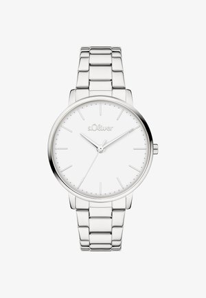Silberne Edelstahluhr mit rundem weißem Zifferblatt, minimalistischen Stundenmarkierungen und einem eleganten Gliederarmband. Markenname "s.Oliver" sichtbar.
