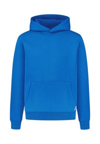 Blauwe hoodie van zacht stof, met een voorzak, ribgebreide manchetten en een tailleband. Het ontwerp bevat een capuchon met een trekkoord.
