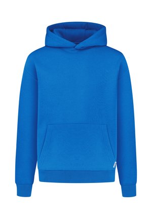 Modrá mikina z měkké tkaniny, s přední kapsou, manžetami a pasem s žebrovaným vzorem. Design zahrnuje kapuci se stahovací šňůrkou.
