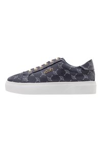 Navy textured sneakers with white rubber sole, featuring a repeating light gray pattern and gold logo on the side. Laced with gold-toned eyelets.