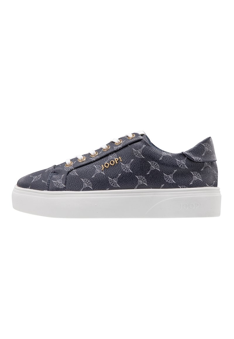 Navy textured sneakers with white rubber sole, featuring a repeating light gray pattern and gold logo on the side. Laced with gold-toned eyelets.