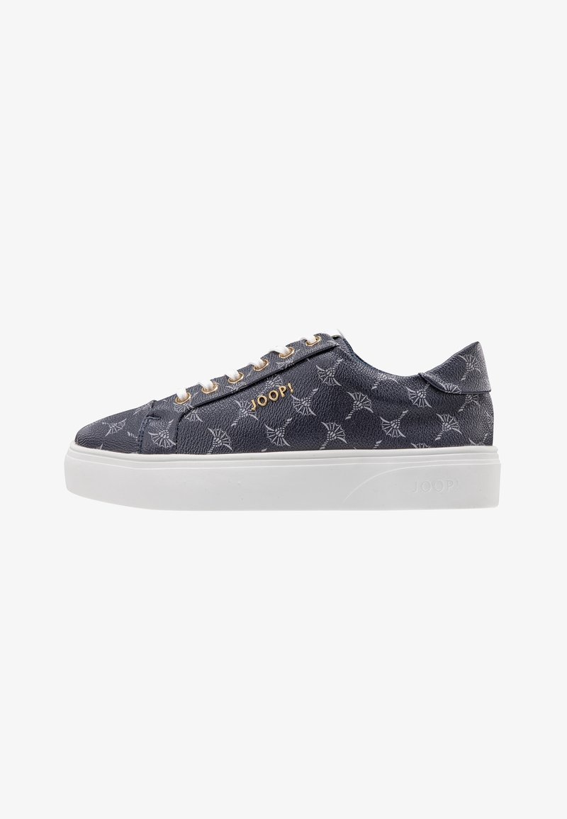 Navy textured sneakers with white rubber sole, featuring a repeating light gray pattern and gold logo on the side. Laced with gold-toned eyelets.