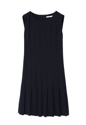 Navy pleated dress with a round neckline and sleeveless design. Features vertical seams and a concealed back zipper. Smooth fabric texture.