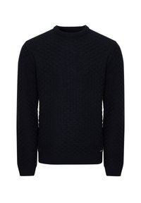 Marineblauer Strickpullover mit strukturiertem Muster, Rundhalsausschnitt und langen Ärmeln. Rippbündchen und Saum sorgen für eine taillierte Passform.