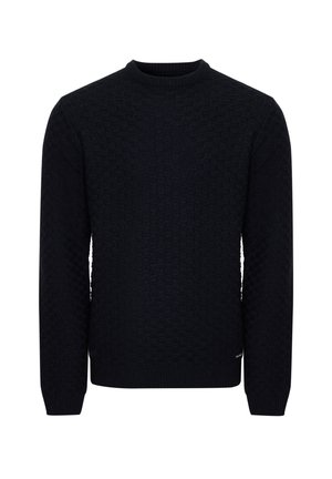 Navy blue knitted sweater featuring a textured pattern, crew neckline, and long sleeves. Ribbed cuffs and hem provide a fitted finish.