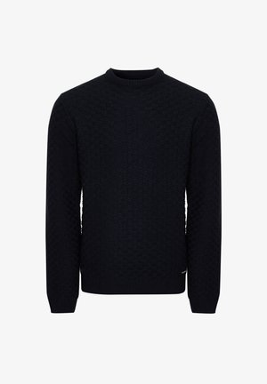 Marineblauer Strickpullover mit strukturiertem Muster, Rundhalsausschnitt und langen Ärmeln. Rippbündchen und Saum sorgen für eine taillierte Passform.