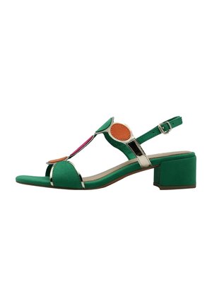 Grøn åben tå sandal med lav blokhæl, justerbar ankelrem og dekorative orange, pink og hvide cirkulære accenter på remmene.