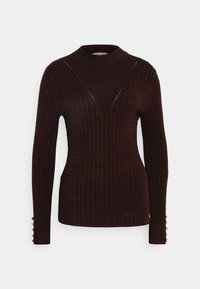 Maglione marrone a coste con collo alto e scollatura a V. Presenta maniche lunghe e dettagli decorativi con bottoni ai polsini.